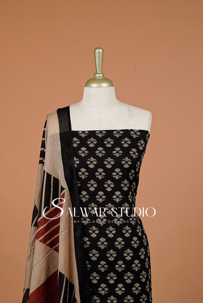 Printed Cotton Unstitched Salwar Suit Dress Material Black AC0318