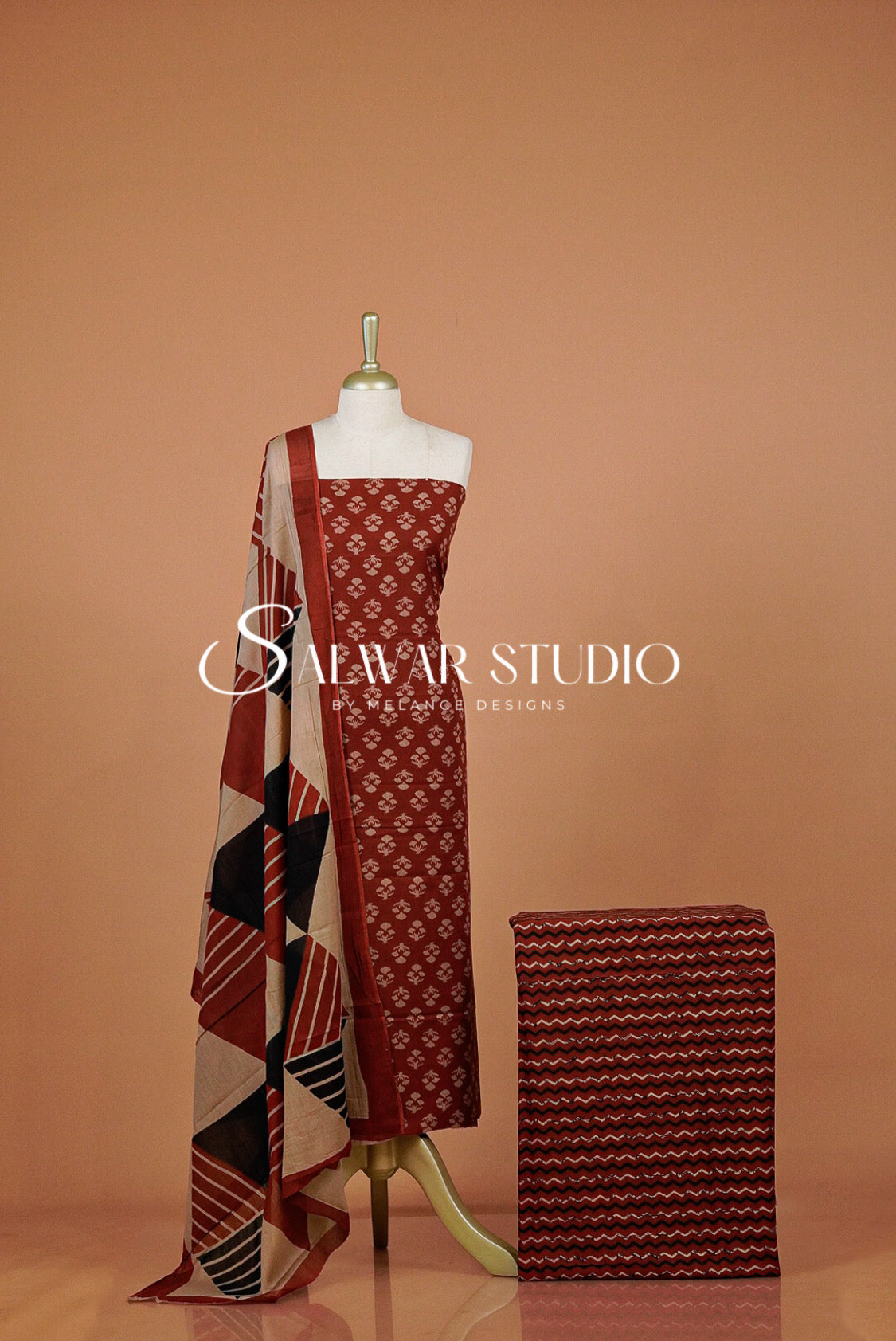 Printed Cotton Unstitched Salwar Suit Dress Material Rust Red AC0319