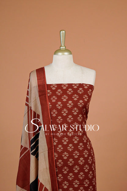 Printed Cotton Unstitched Salwar Suit Dress Material Rust Red AC0319