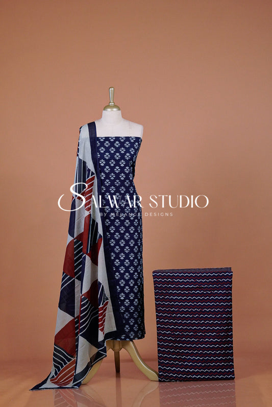 Printed Cotton Unstitched Salwar Suit Dress Material Navy Blue  AC0320