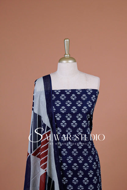 Printed Cotton Unstitched Salwar Suit Dress Material Navy Blue  AC0320