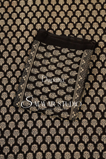 Printed Cotton Unstitched Salwar Suit Dress Material Black  AC0321