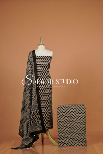 Printed Cotton Unstitched Salwar Suit Dress Material Black  AC0321