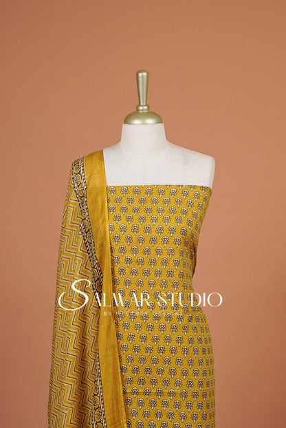 Printed Cotton Unstitched Salwar Suit Dress Material Mustard Yellow AC0322