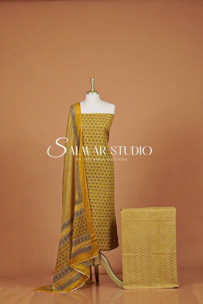 Printed Cotton Unstitched Salwar Suit Dress Material Mustard Yellow AC0322