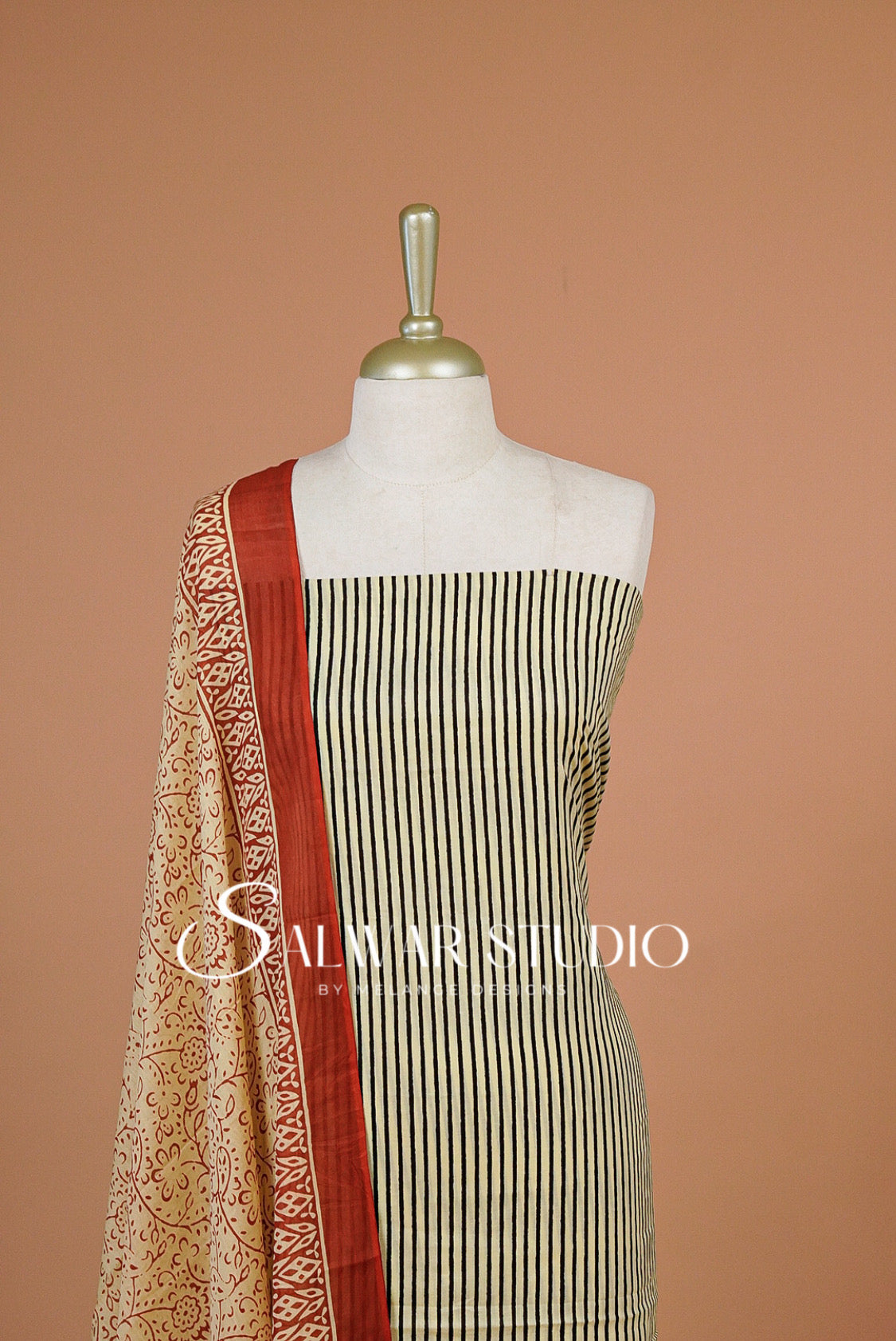 Printed Cotton Unstitched Salwar Suit Dress Material Cream with Black AC0324