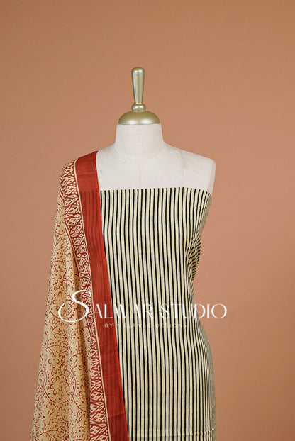 Printed Cotton Unstitched Salwar Suit Dress Material Cream with Black AC0324