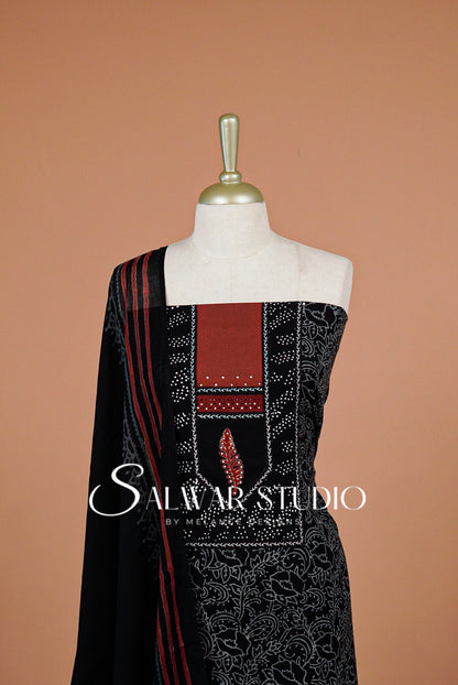 Printed Cotton Unstitched Salwar Suit Dress Material Black AC0328