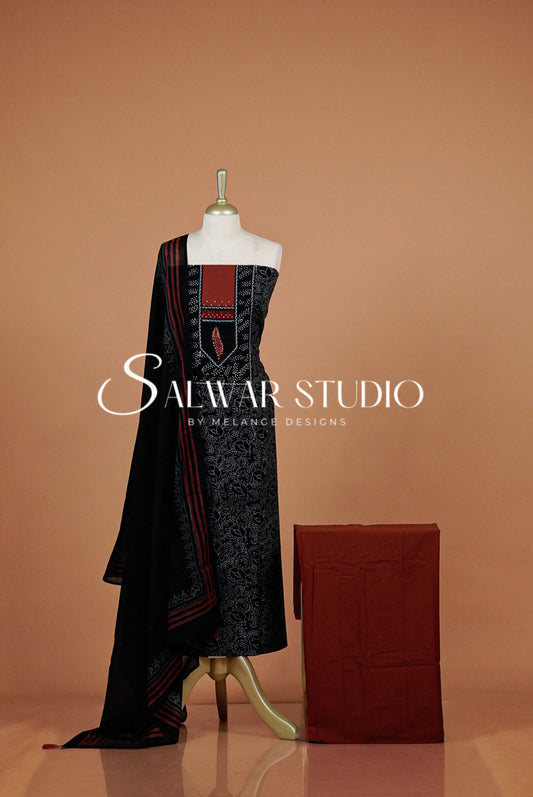 Printed Cotton Unstitched Salwar Suit Dress Material Black AC0328