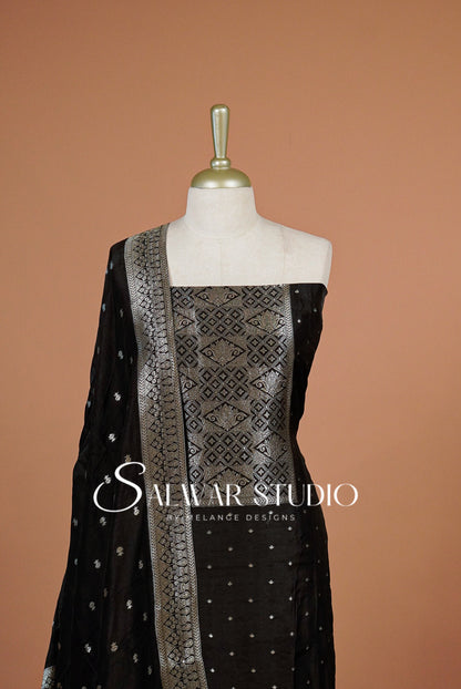 Silk Banarasi Unstitched Salwar Suit Dress Material Black AC0329