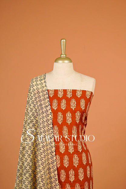 Printed Cotton Unstitched Salwar Suit Dress Material Rust-Orange AC0331