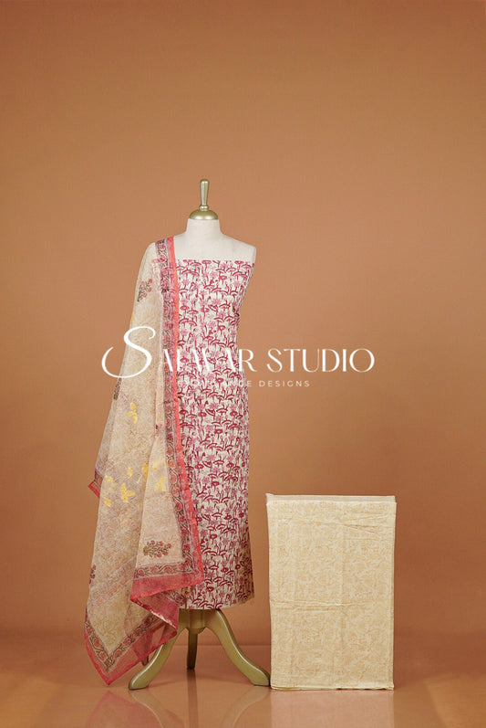 Printed Cotton Unstitched Salwar Suit Dress Material Cream AC0363