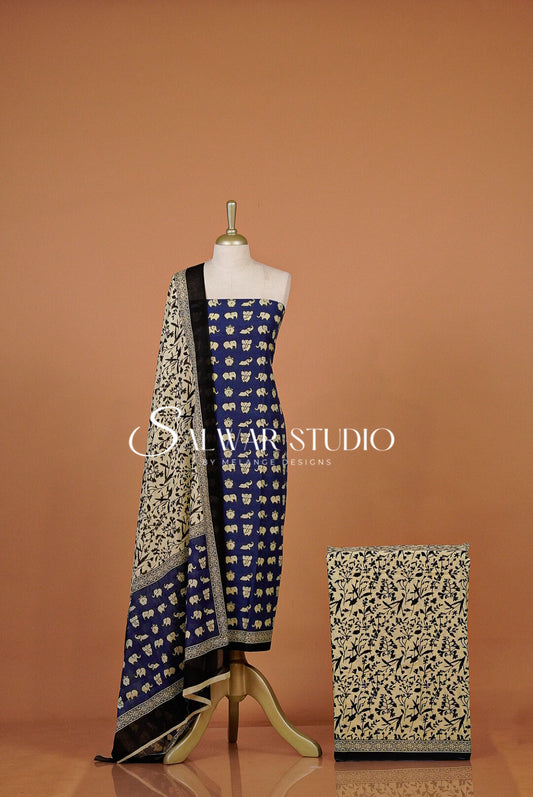 Printed Cotton Unstitched Salwar Suit Dress Material Royal Blue AC0374