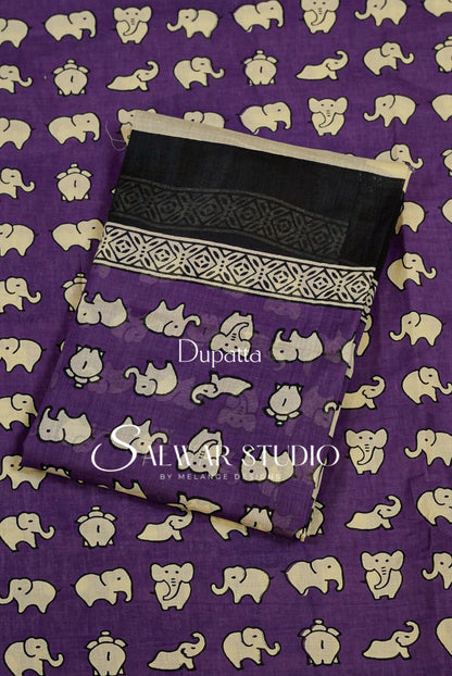 Purple and beige elephant print dupatta fabric with a black and beige patterned border.