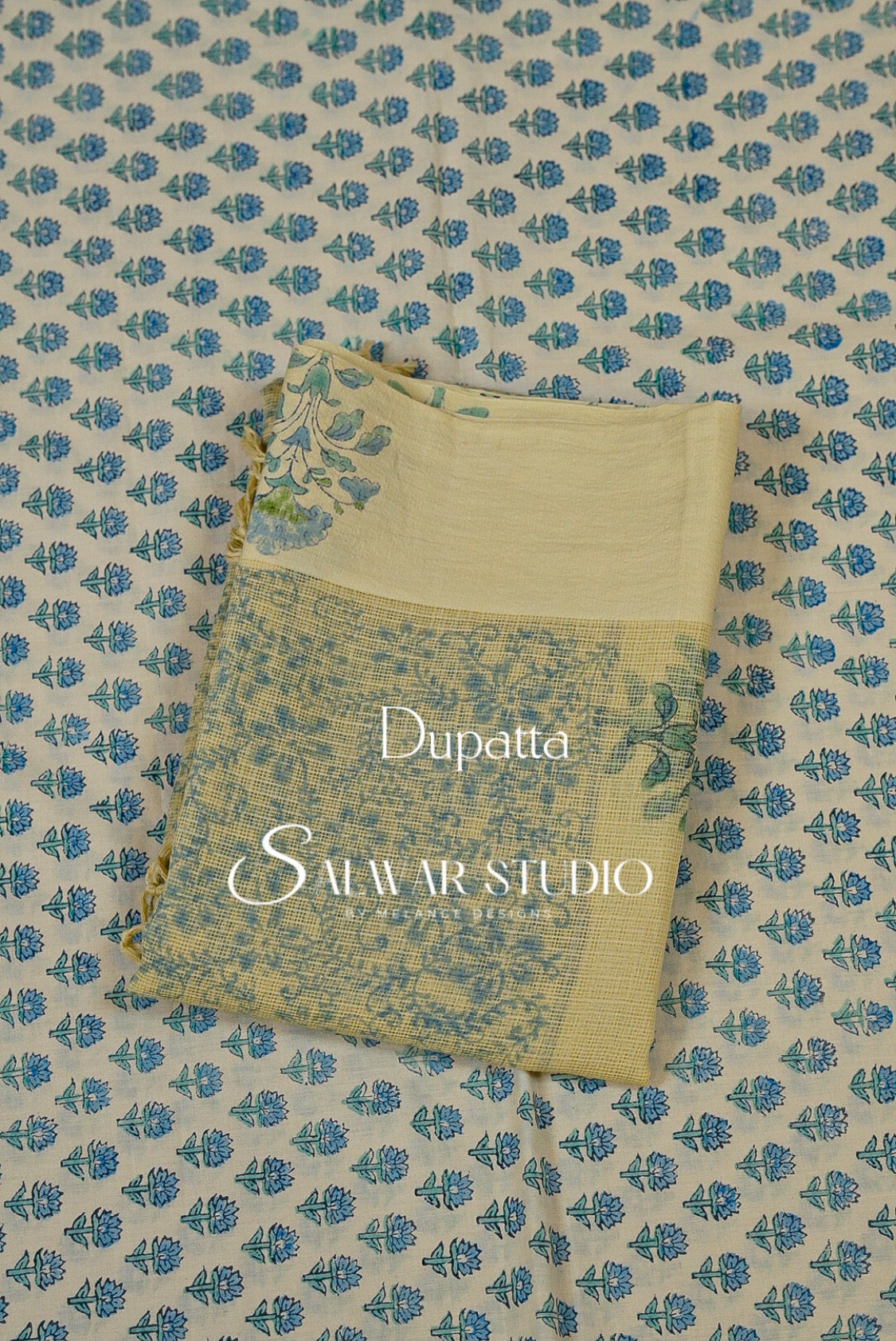 Printed Cotton Unstitched Salwar Suit Dress Material Off-White With Dusty Sky Blue AC0187