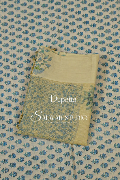 Printed Cotton Unstitched Salwar Suit Dress Material Off-White With Dusty Sky Blue AC0187
