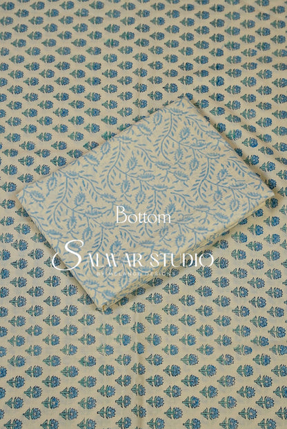 Printed Cotton Unstitched Salwar Suit Dress Material Off-White With Dusty Sky Blue AC0187