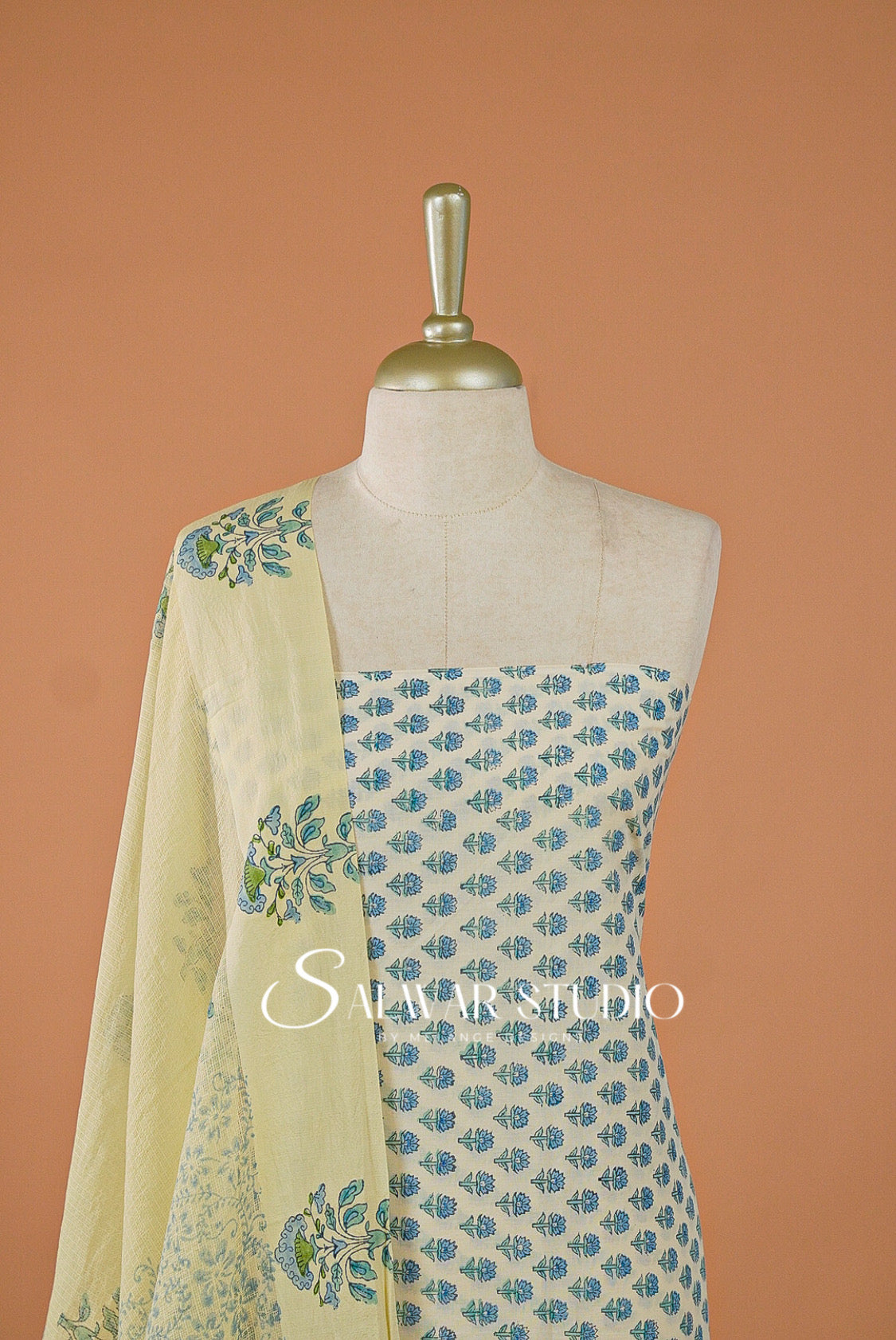 Printed Cotton Unstitched Salwar Suit Dress Material Off-White With Dusty Sky Blue AC0187