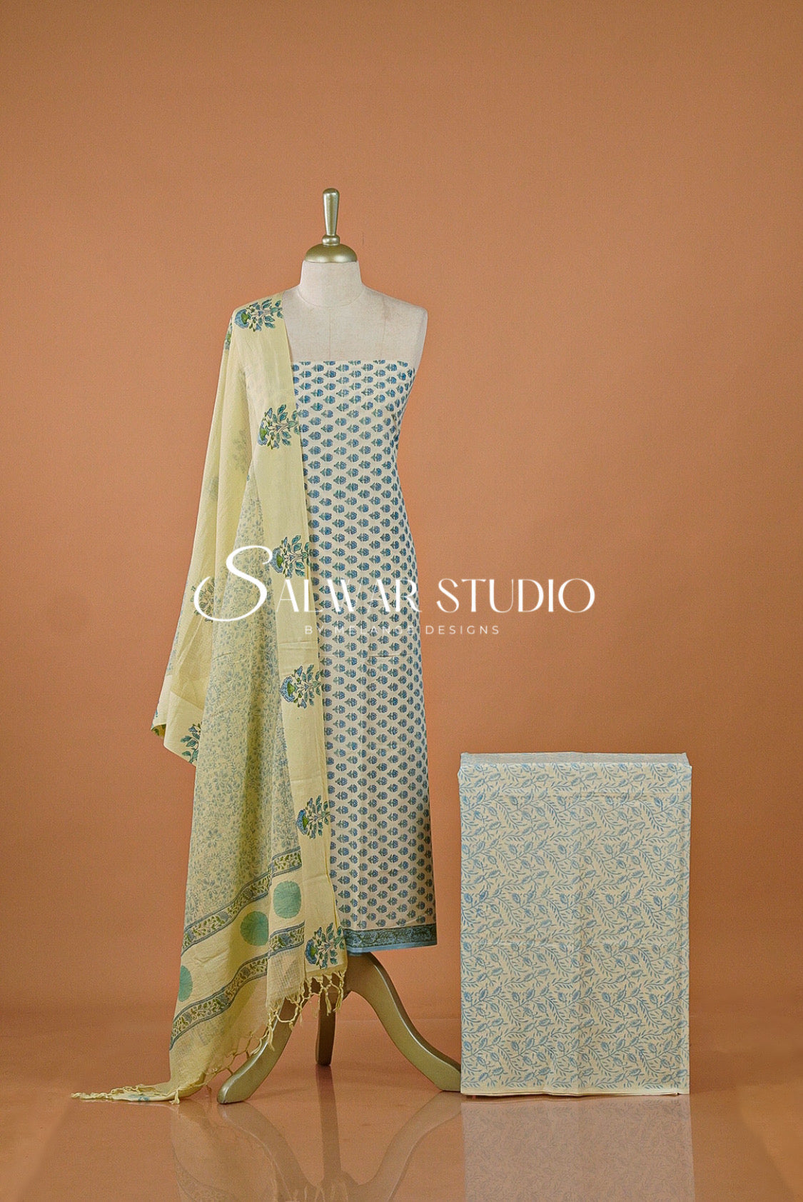 Printed Cotton Unstitched Salwar Suit Dress Material Off-White With Dusty Sky Blue AC0187
