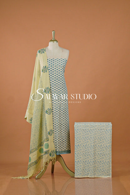Printed Cotton Unstitched Salwar Suit Dress Material Off-White With Dusty Sky Blue AC0187