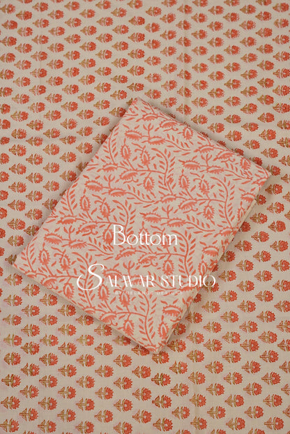 Printed Cotton Unstitched Salwar Suit Dress Material Off-White With Coral Peach AC0189