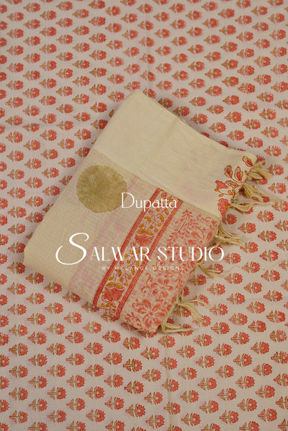 Printed Cotton Unstitched Salwar Suit Dress Material Off-White With Coral Peach AC0189
