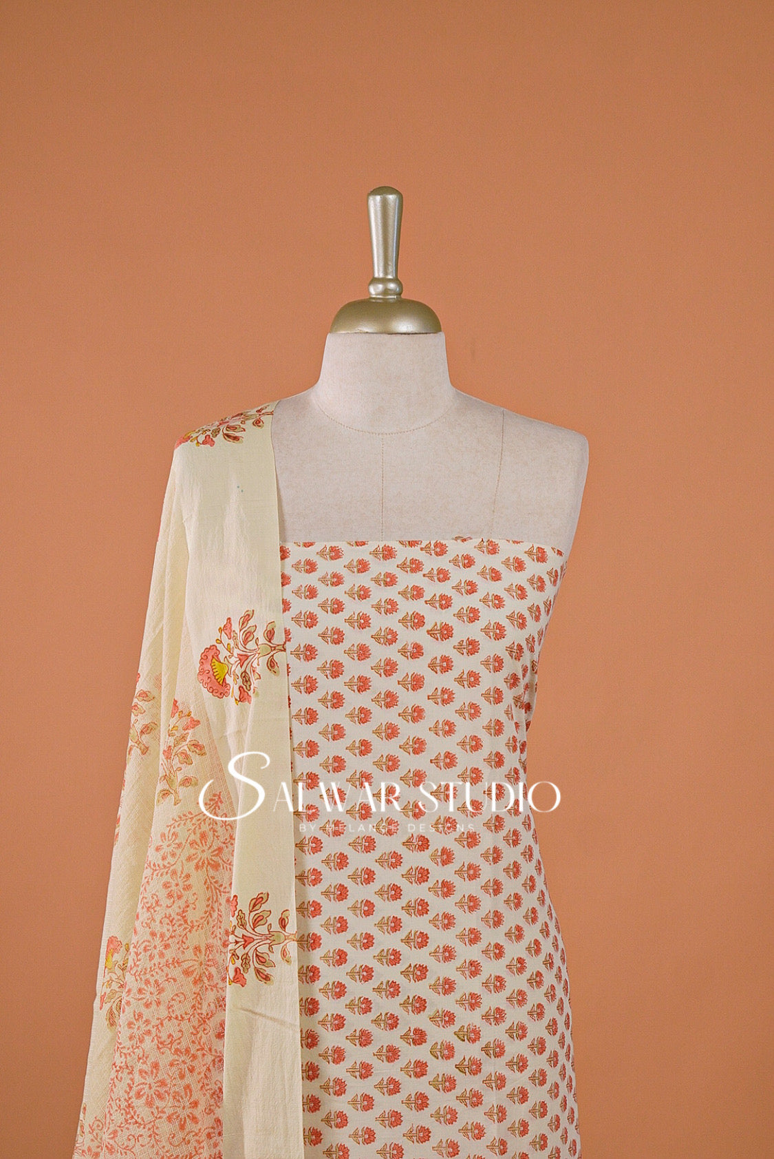 Printed Cotton Unstitched Salwar Suit Dress Material Off-White With Coral Peach AC0189