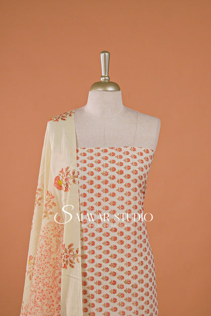 Printed Cotton Unstitched Salwar Suit Dress Material Off-White With Coral Peach AC0189