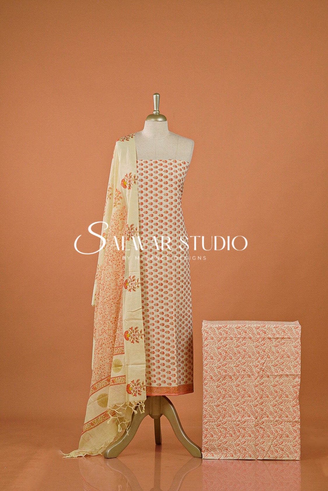 Printed Cotton Unstitched Salwar Suit Dress Material Off-White With Coral Peach AC0189