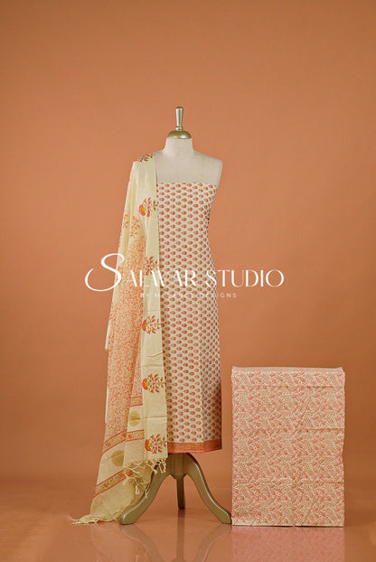 Printed Cotton Unstitched Salwar Suit Dress Material Off-White With Coral Peach AC0189