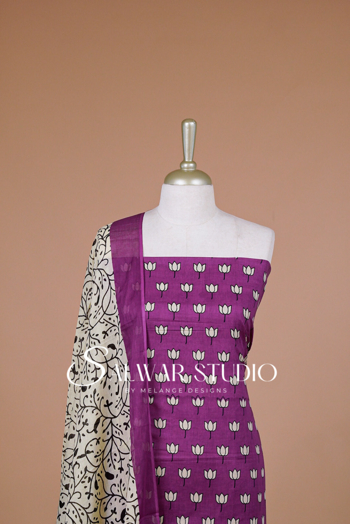 Printed Cotton Unstitched Salwar Suit Material Deep Magenta Close Up.