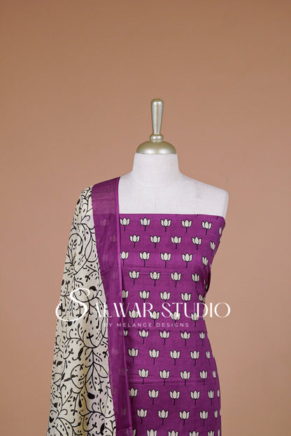 Printed Cotton Unstitched Salwar Suit Material Deep Magenta Close Up.