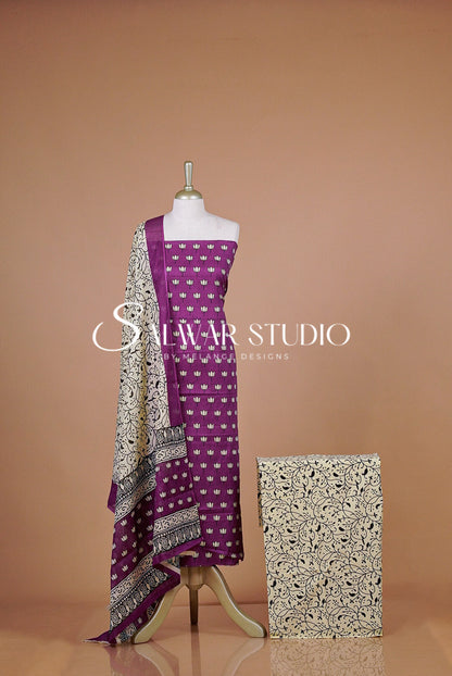 Printed Cotton Unstitched Salwar Suit Material Deep Magenta.