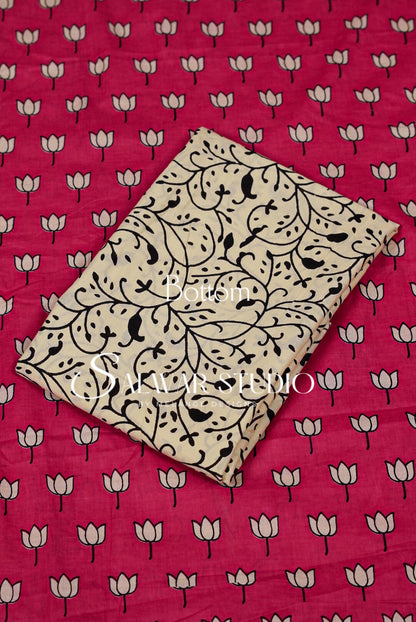 Printed Cotton Unstitched Salwar Suit Material Fuchsia Pink Bottom.