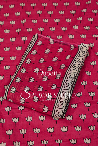 Printed Cotton Unstitched Salwar Suit Material Fuchsia Pink  Dupatta.