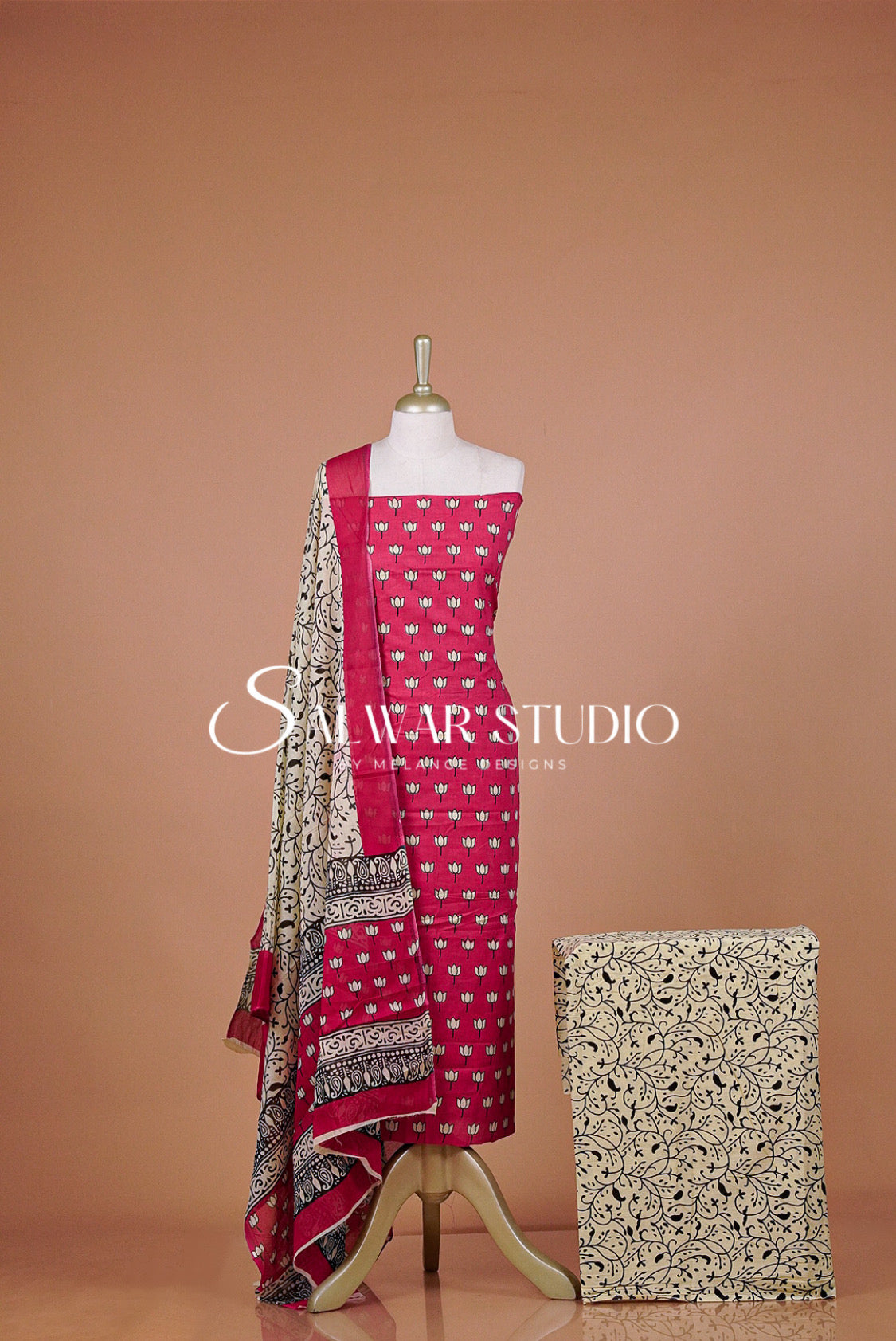 Printed Cotton Unstitched Salwar Suit Material Fuchsia Pink .