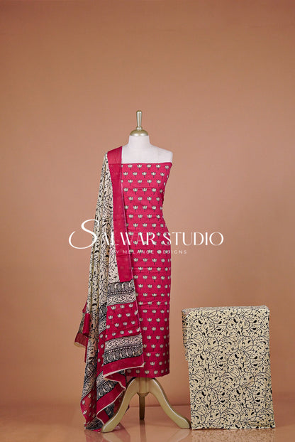Printed Cotton Unstitched Salwar Suit Material Fuchsia Pink .