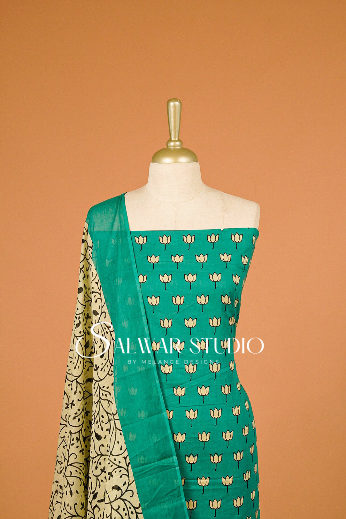 Printed Cotton Unstitched Salwar Suit Material Turquoise Green Close Up.