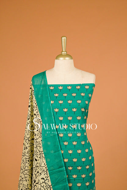 Printed Cotton Unstitched Salwar Suit Material Turquoise Green Close Up.
