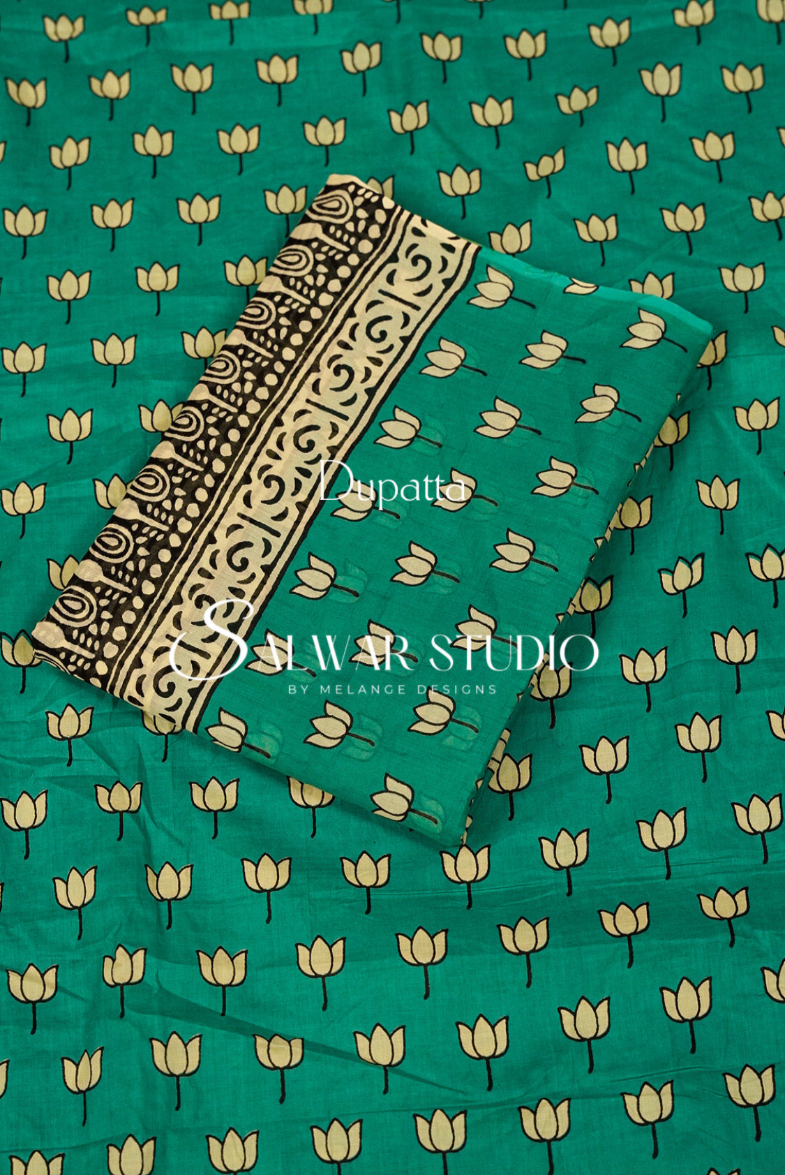 Printed Cotton Unstitched Salwar Suit Material Turquoise Green Dupatta.