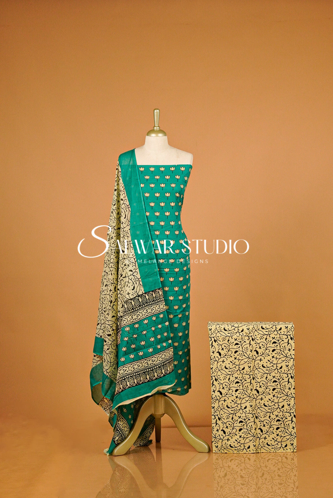 Printed Cotton Unstitched Salwar Suit Material Turquoise Green.