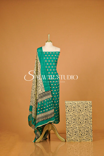 Printed Cotton Unstitched Salwar Suit Material Turquoise Green.