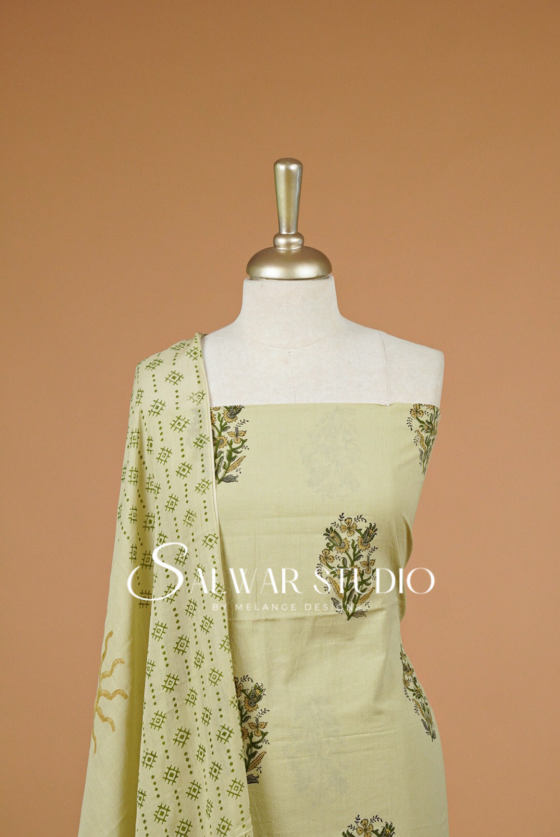 Printed Cotton Unstitched Salwar Suit Material Pale Pistachio Close View.