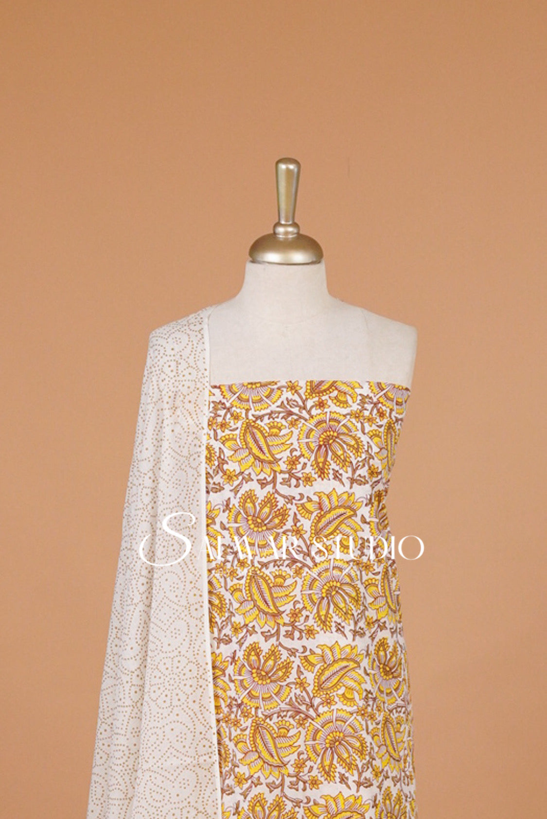 Printed Cotton Unstitched Salwar Suit Material Ivory Close View.