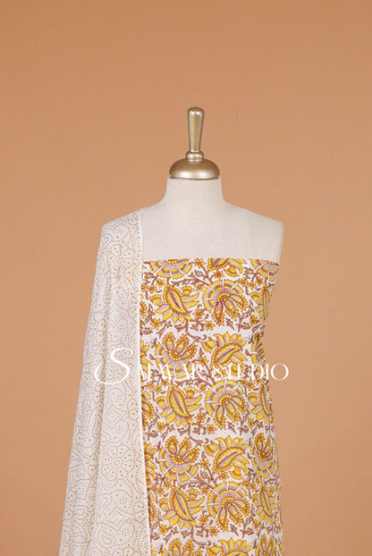 Printed Cotton Unstitched Salwar Suit Material Ivory Close View.