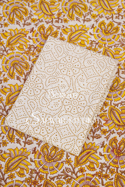 Printed Cotton Unstitched Salwar Suit Material Ivory Bottom.