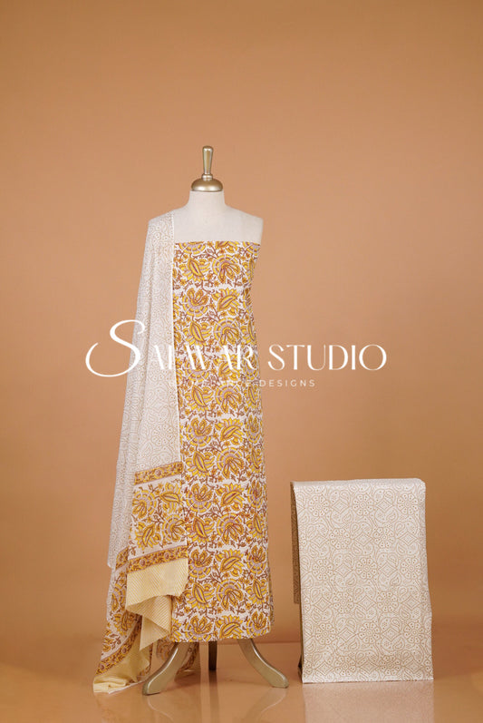Printed Cotton Unstitched Salwar Suit Material Ivory.