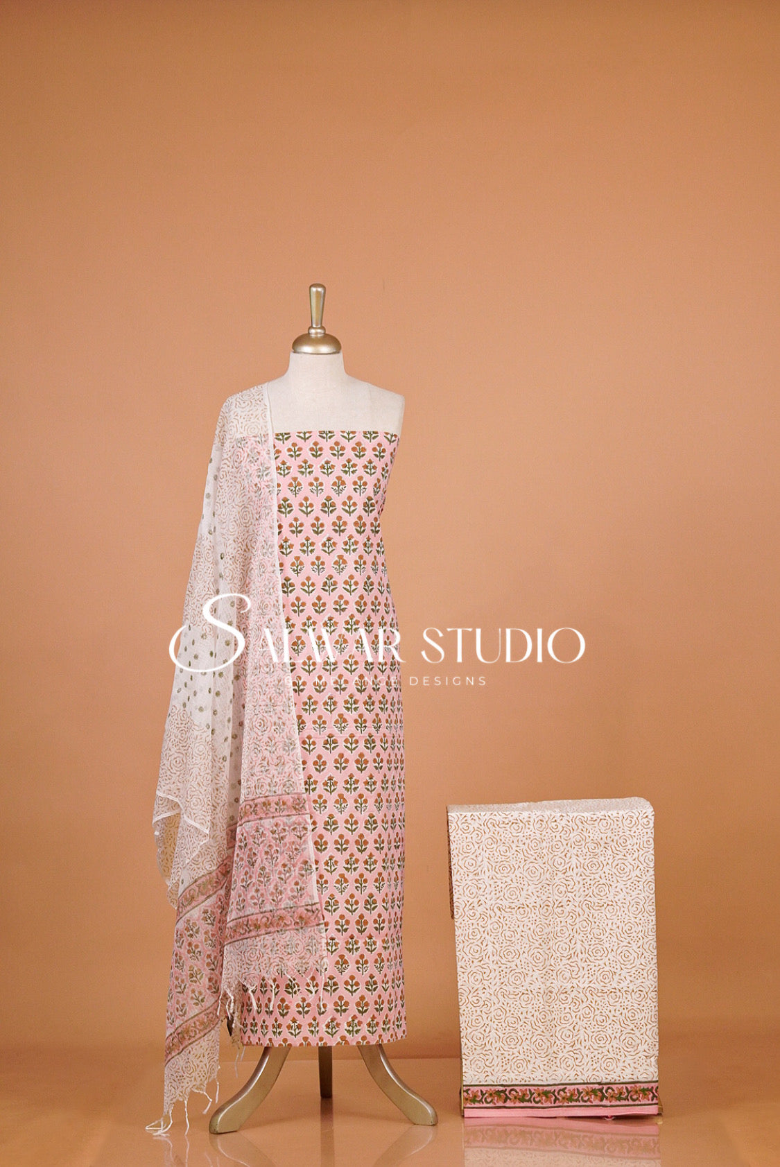 Printed Cotton Unstitched Salwar Suit Material Pastel Pink.
