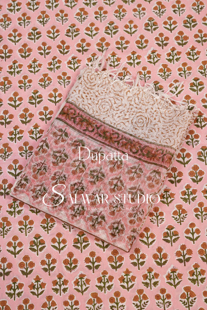 Printed Cotton Unstitched Salwar Suit Material Pastel Pink Dupatta.