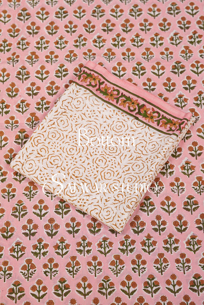 Printed Cotton Unstitched Salwar Suit Material Pastel Pink Bottom.